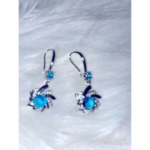 Elegant water drop Zircon blue plated, floral‎ earrings
